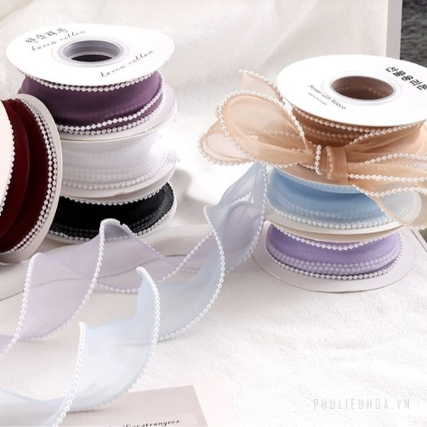 Cuộn ruy băng viền ngọc trai 4cm x 10 yard ảnh 2
