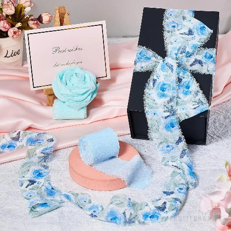 Cuộn ruy băng vải voan Chiffon xé tua viền họa tiết hoa lá 4cm x 5yard ảnh 10