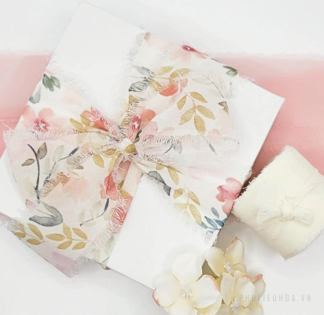 Cuộn ruy băng vải voan Chiffon xé tua viền họa tiết hoa lá 4cm x 5yard ảnh 14