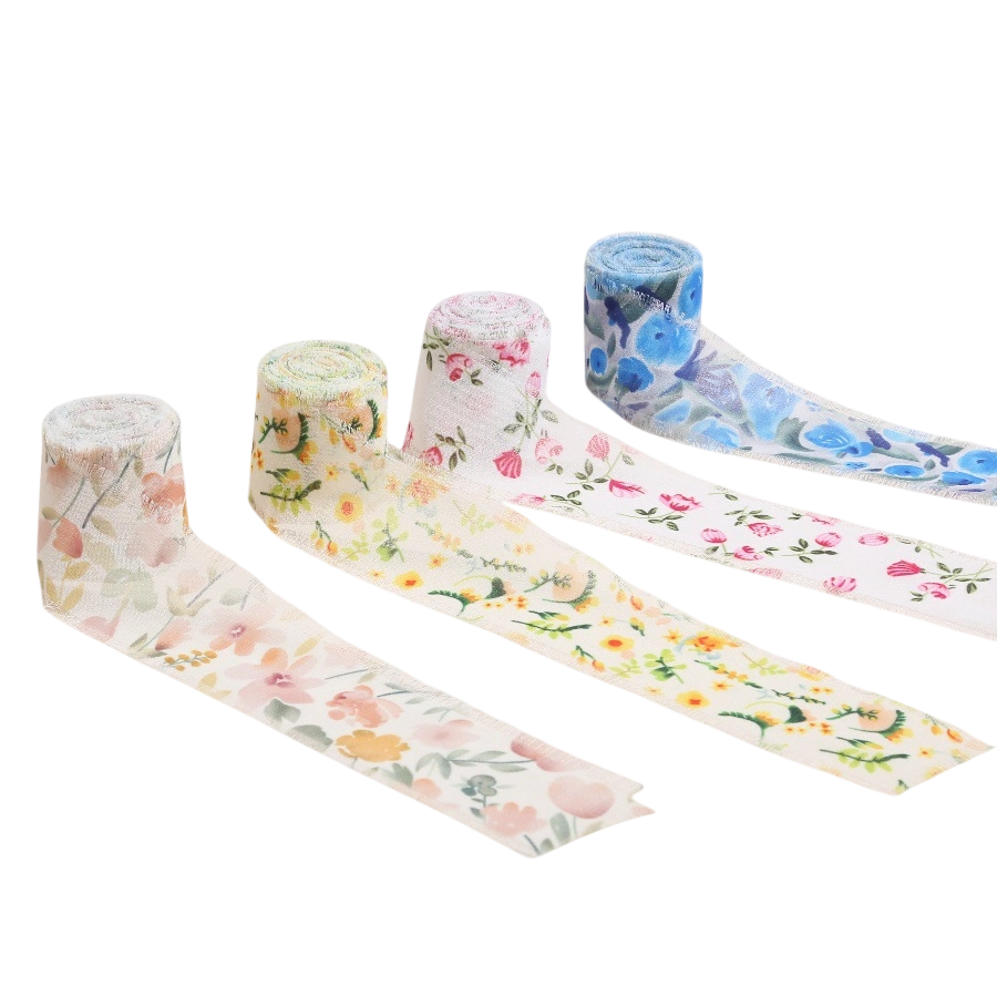 Cuộn ruy băng vải voan Chiffon xé tua viền họa tiết hoa lá 4cm x 5yard ảnh 1