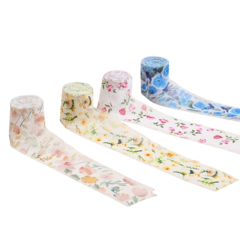 Cuộn ruy băng vải voan Chiffon xé tua viền họa tiết hoa lá 4cm x 5yard ảnh 1