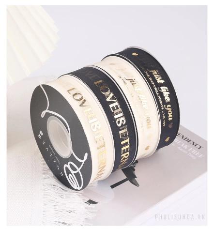 Cuộn ruy băng voan lưới màu kem in kin chữ đồng 2.5cm x 20 yard ảnh 4