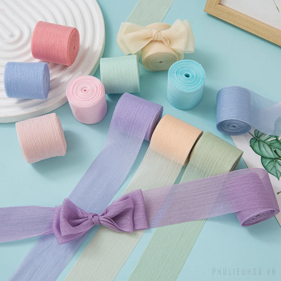 Cuộn ruy băng voan nhăn crepe kim tuyến pastel gói hoa buộc nơ 4cm x5m ảnh 4
