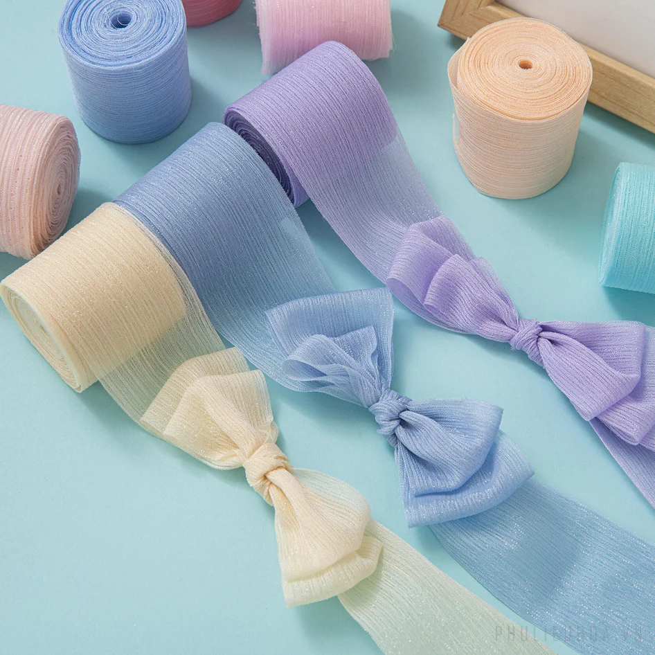 Cuộn ruy băng voan nhăn crepe kim tuyến pastel gói hoa buộc nơ 4cm x5m ảnh 5