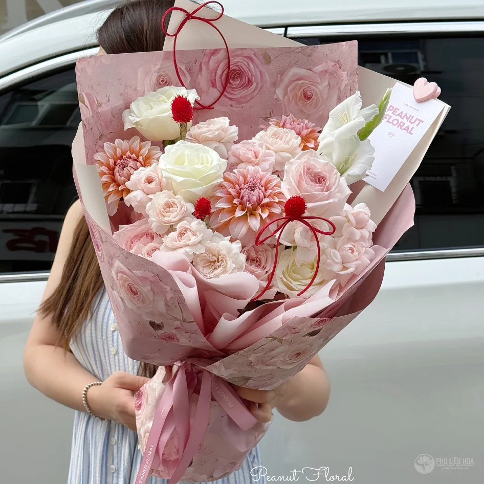 Giấy gói hoa một mặt Fenghua họa tiết hoa hồng lãng mạn tone Pastel bản 35x50cm ảnh 3