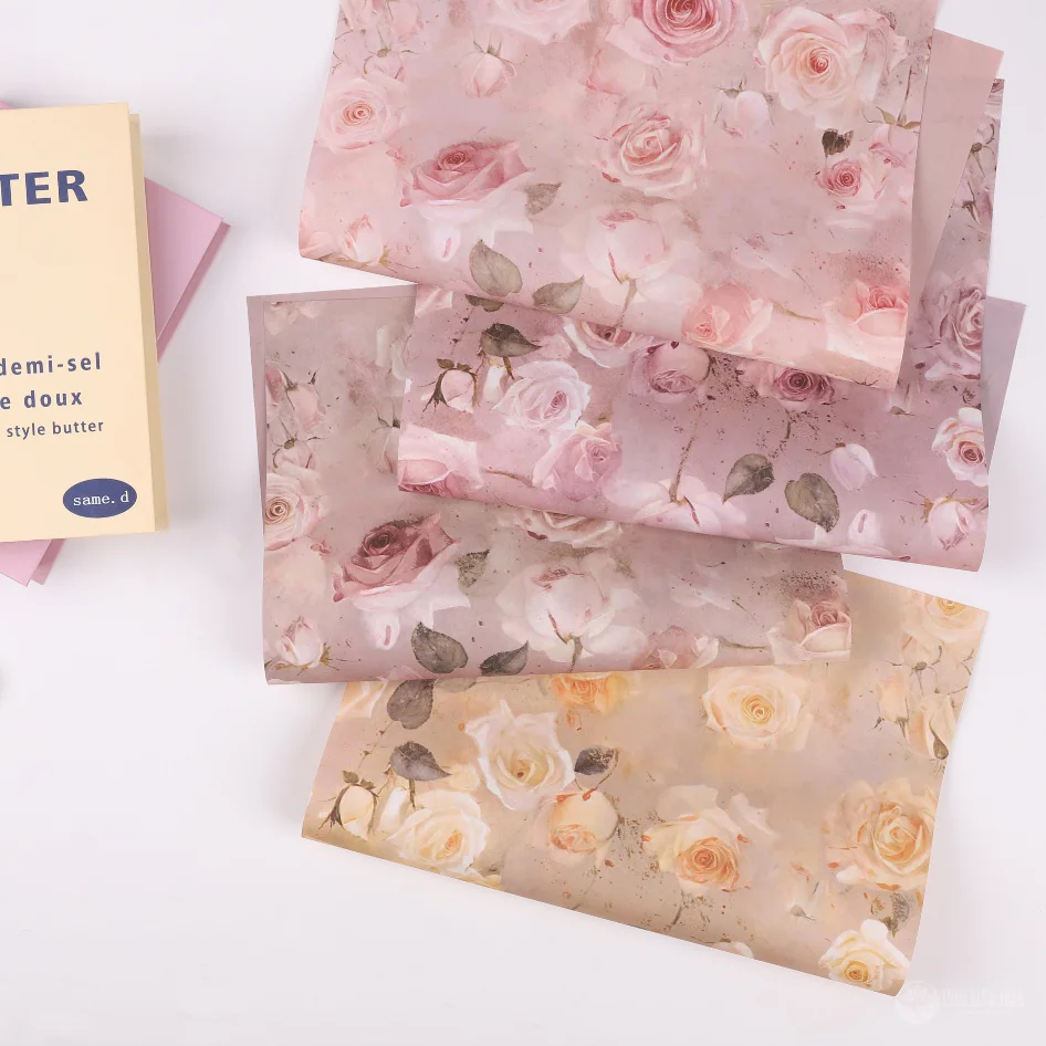 Giấy gói hoa một mặt Fenghua họa tiết hoa hồng lãng mạn tone Pastel bản 35x50cm ảnh 5