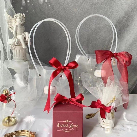 Túi nhựa trong suốt quai ống xách hoa, quà nhiều size (combo 10 túi) ảnh 5