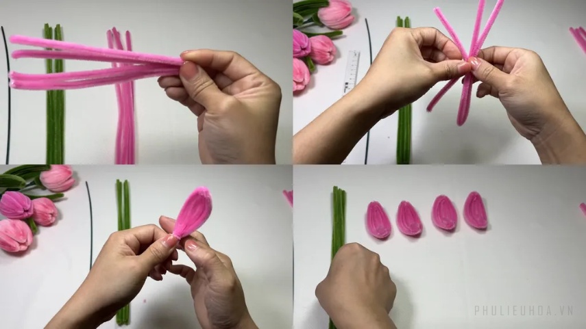 Sử dụng kẽm nhung màu hồng để làm hoa tulip