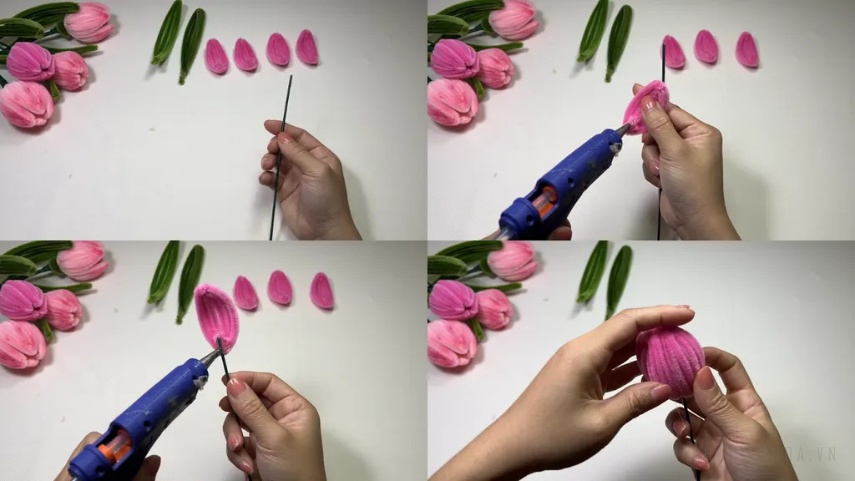 Cắt các sợi kẽm nhung màu hồng thành những đoạn ngắn khoảng 15cm