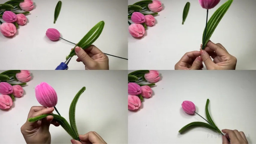 Dán các cánh chụm lại xung quanh kẽm cành để tạo thành bông hoa tulip hoàn thiện