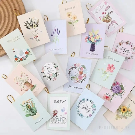 Thiệp hoa gập đôi, để bàn, giỏ hoa, hộp quà ghi lời chúc có tua rua 96 chiếc ảnh 2