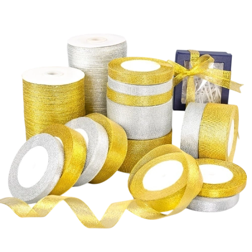 Ảnh sản phẩm Ruy băng nhũ kim tuyến vàng bạc bản 0.3 - 5cm  1