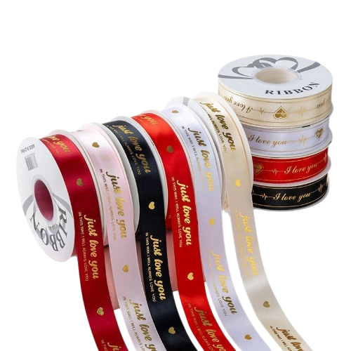 Ảnh sản phẩm Ruy băng satin in chữ nhũ đồng Just Love You khổ 2.5cm x 32yard 1