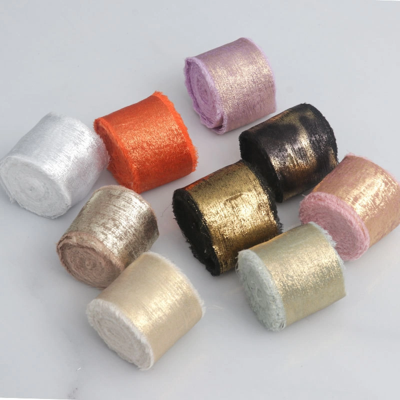 Cuộn ruy băng vải lụa phủ nhũ bạc đồng xé tua viền 4cm x 5yard (1 cuộn) ảnh 3