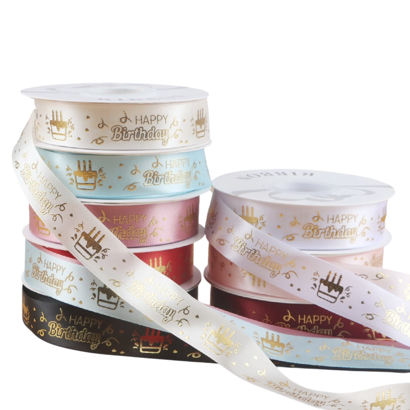 Ruy băng satin sinh nhật in chữ nhũ đồng Happy Birthday khổ 2.5cm x 32yard ảnh 1