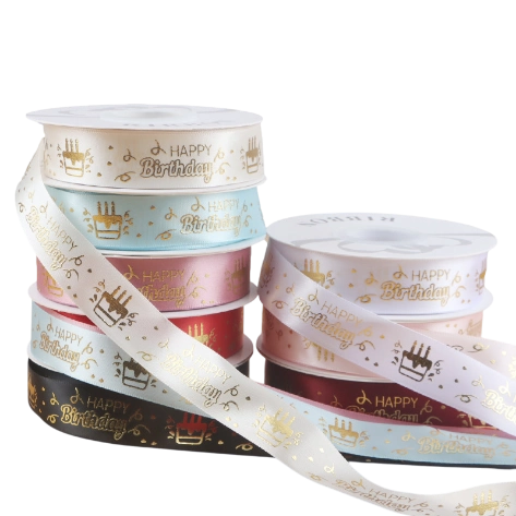 Ruy băng satin sinh nhật in chữ nhũ đồng Happy Birthday khổ 2.5cm x 32yard ảnh 1