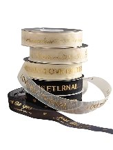 Ảnh sản phẩm Cuộn ruy băng voan lưới màu kem in kin chữ đồng 2.5cm x 20 yard 1