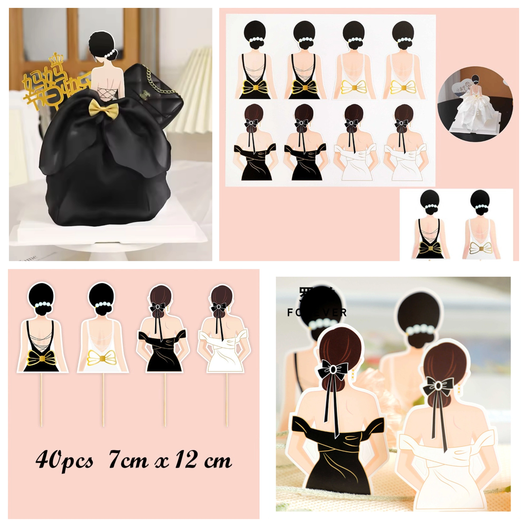 Set 40 thiệp giấy chibi cô gái váy dạ hội trang trí hoa và cắm bánh size 7x12cm ảnh 1